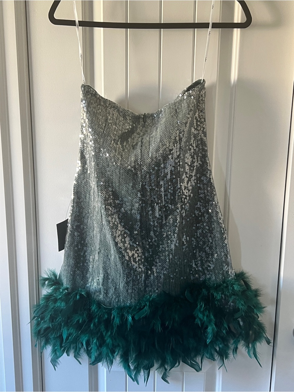 Lulu's Especially Fabulous Emerald Sequin Feather Strapless Mini Dress - Picture 6 of 7